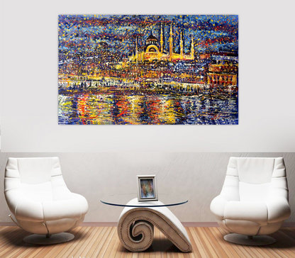 Istanbul painting, Abstract Turkey cityscape, Bosphorus at Starry Night ORIGINAL ART by Alex Solodov