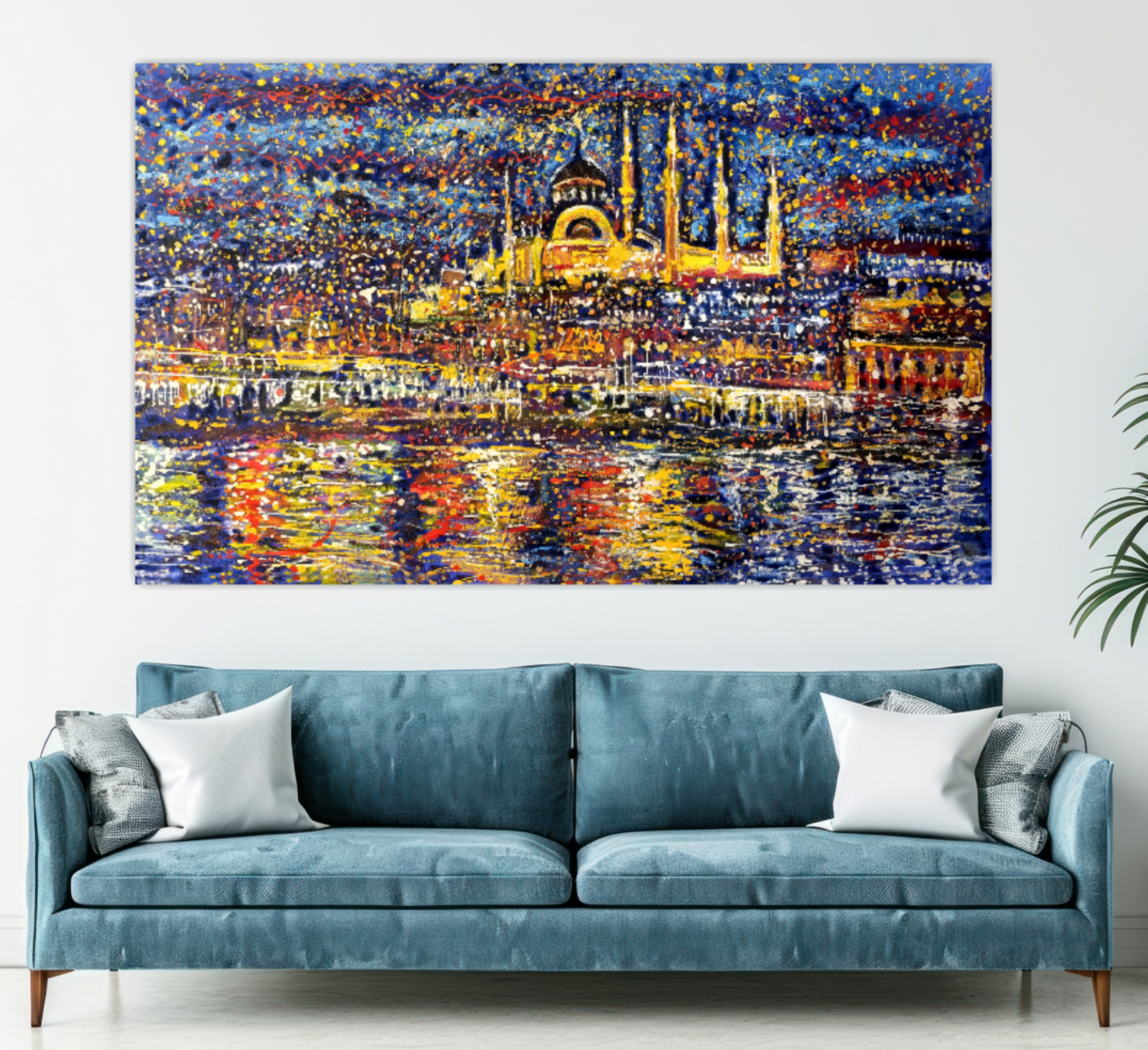 Istanbul painting, Abstract Turkey cityscape, Bosphorus at Starry Night ORIGINAL ART by Alex Solodov