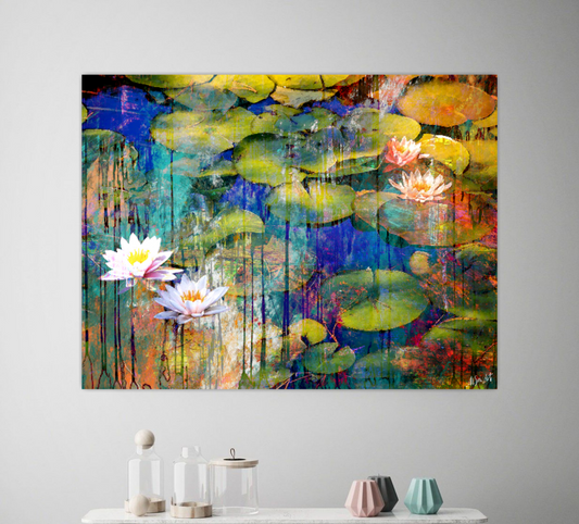 Large floral painting, Abstract Lotuses Flowers in a Pond ORIGINAL DIGITAL ART by Alex Solodov