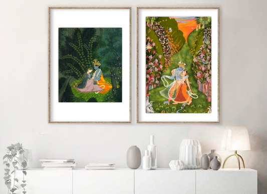 Indian art, Indian gods and deities illustrations, Krishna and Radha FINE ART PRINT, Set 2 prints, wall art, home decor