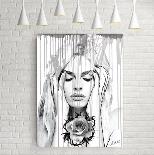 Pop art portrait, Digital ink painting Girl with Rose ORIGINAL DIGITAL ART ON CANVAS by Alex Solodov