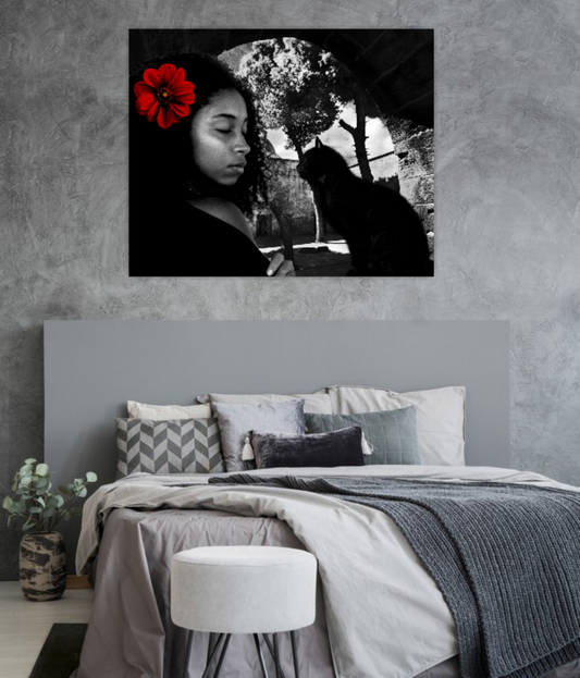 Photorealistic portrait, African girl with black cat, Oasis ORIGINAL DIGITAL ART by Alex Solodov