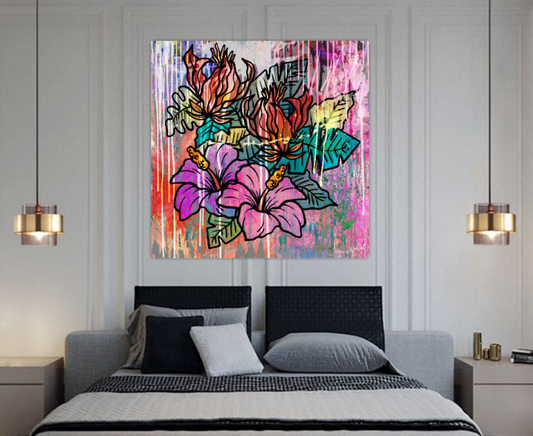 Abstract digital painting, Pop art inspired, Tropical Flowers ORIGINAL DIGITAL ART ON CANVAS by Alex Solodov