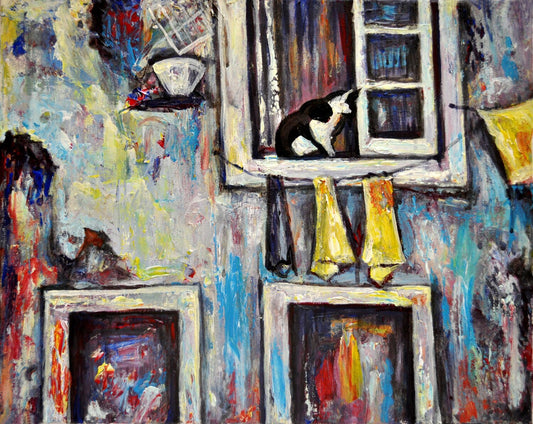 Lisbon, Portugal painting, Cat art, Old houses, Alfama Cat, ORIGINAL ART PRINT, Portugal art, Cityscape painting, Home decor, Alex Solodov