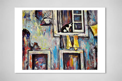 Lisbon, Portugal painting, Cat art, Old houses, Alfama Cat, ORIGINAL ART PRINT, Portugal art, Cityscape painting, Home decor, Alex Solodov