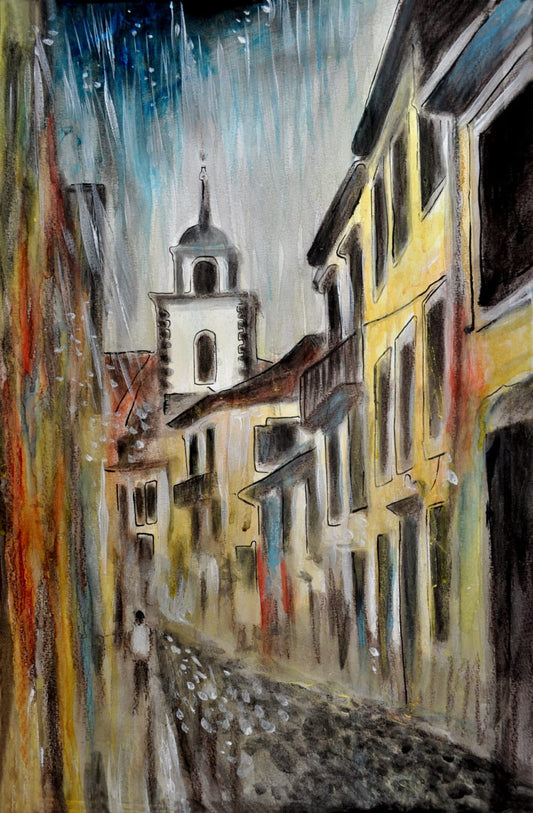Funchal, Madeira, Watercolor old city view painting, Madeira inspired, Funchal in the Rain, FINE ART PRINT, contemporary art, Alex Solodov.