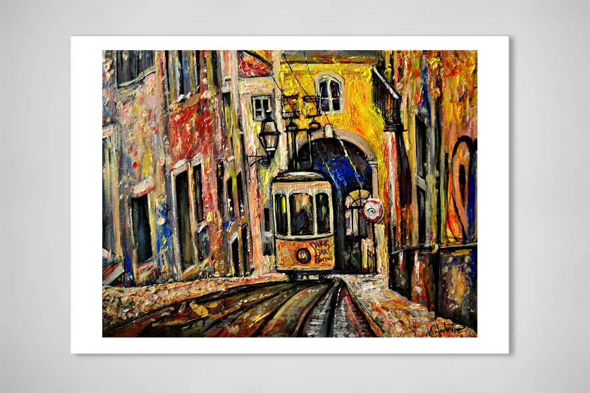 Lisbon city view painting, Abstract cityscape, Portugal art, Lisbon Tram ORIGINAL ART PRINT by Alex Solodov