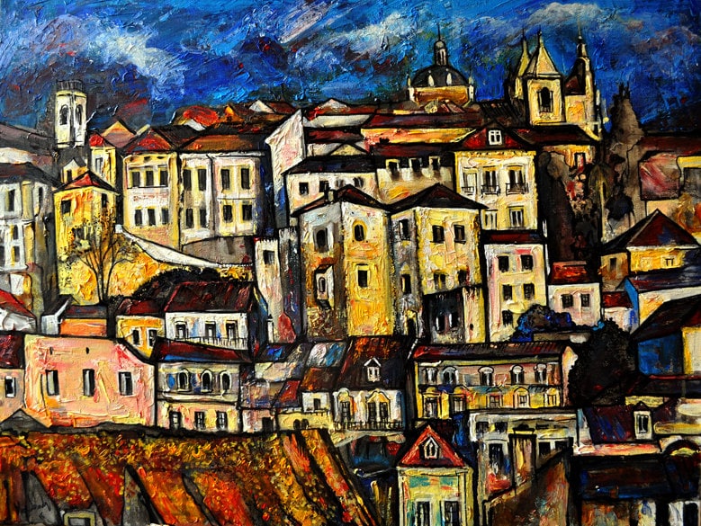 Lisbon old town painting, Abstract cityscape, Portugal city scene, Autumn in Lisbon ORIGINAL ART PRINT, Portugal art, Wallart, Alex Solodov