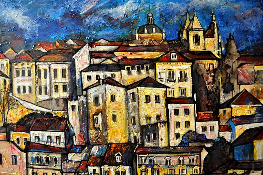 Lisbon old town painting, Abstract cityscape, Portugal city scene, Autumn in Lisbon ORIGINAL ART PRINT, Portugal art, Wallart, Alex Solodov