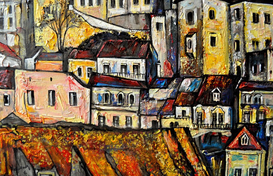 Lisbon old town painting, Abstract cityscape, Portugal city scene, Autumn in Lisbon ORIGINAL ART PRINT, Portugal art, Wallart, Alex Solodov