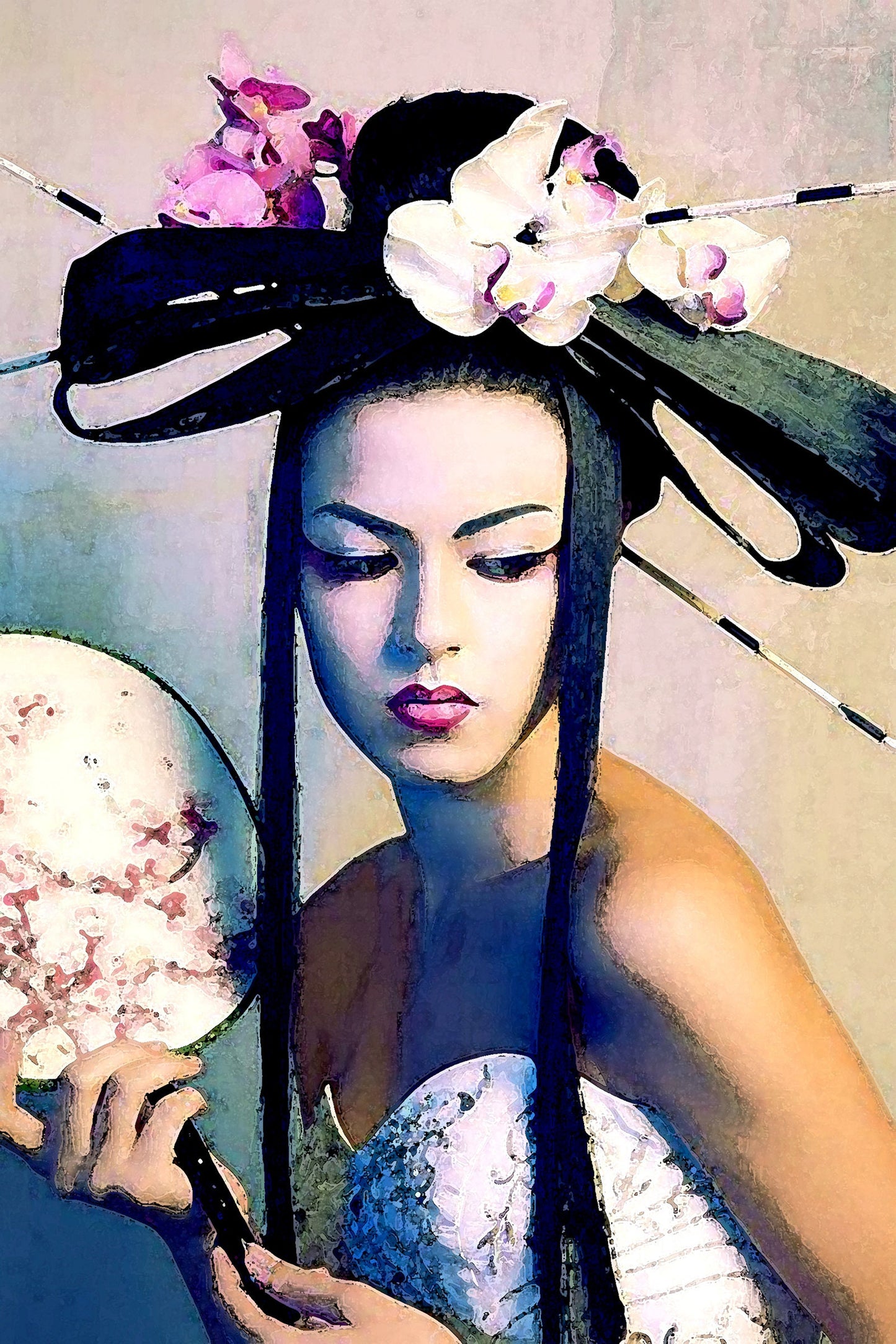 Fashion portrait, Digital artwork Asian Geisha with Fan ORIGINAL ART by Alex Solodov