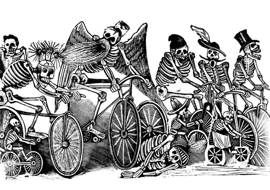 Vintage art, Skulls, Skull drawing, Skeletons on bicycles FINE ART PRINT from etching by Jose Posada, wallart, home decor, print, art poster