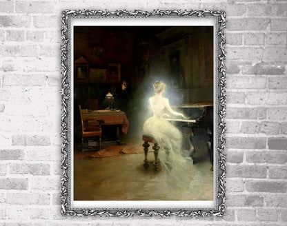 Beautiful woman in white dress playing piano, ghost aura painting, dark academy, gothic, victorian art prints, wiccan art, occult home decor