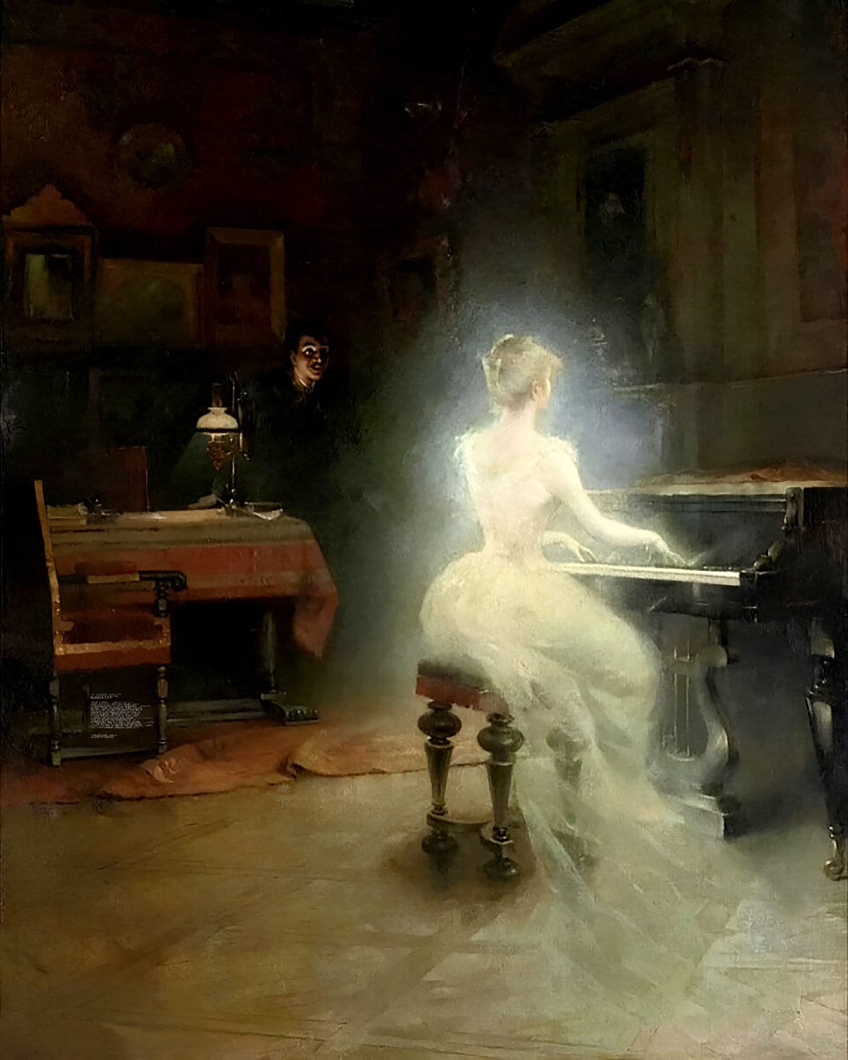 Beautiful woman in white dress playing piano, ghost aura painting, dark academy, gothic, victorian art prints, wiccan art, occult home decor