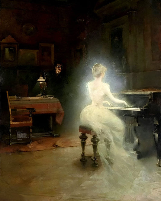 Beautiful woman in white dress playing piano, ghost aura painting, dark academy, gothic, victorian art prints, wiccan art, occult home decor
