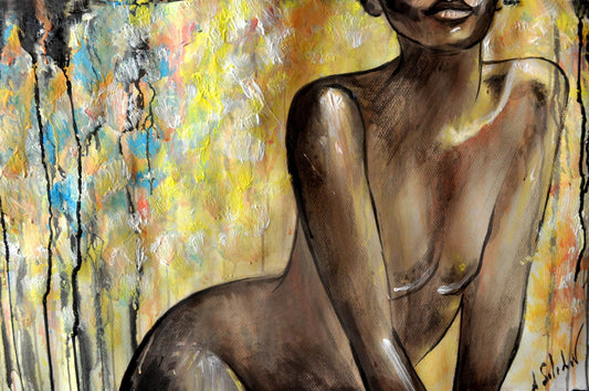 Erotic watercolor, Portrait of a black African woman, Melody in Black, FINE ART PRINT, fashion inspired contemporary painting, Alex Solodov
