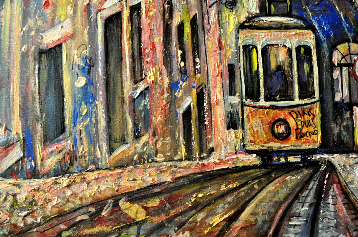 Lisbon city view painting, Abstract cityscape, Portugal art, Lisbon Tram ORIGINAL ART PRINT by Alex Solodov