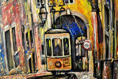 Lisbon city view painting, Abstract cityscape, Portugal art, Lisbon Tram ORIGINAL ART PRINT by Alex Solodov