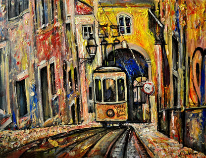 Lisbon city view painting, Abstract cityscape, Portugal art, Lisbon Tram ORIGINAL ART PRINT by Alex Solodov