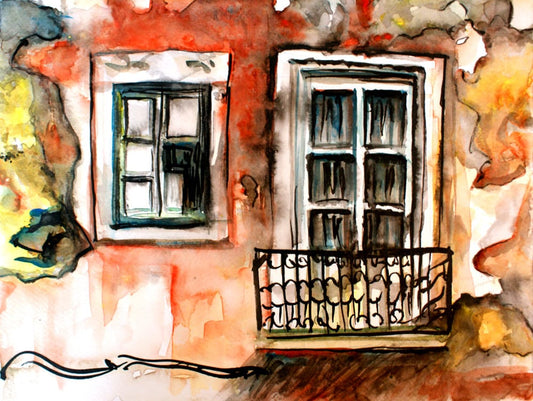 Lisbon, Portugal watercolor painting, Old Balcony in Lisbon ORIGINAL ART PRINT, Portugal vintage art, Wall art, Home decor, Alex Solodov