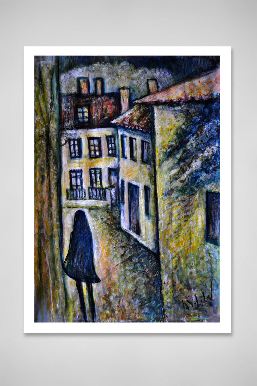 Lisbon, Portugal abstract painting, Lisbon Dream ORIGINAL ART PRINT, Abstract cityscape old town, Night city, Surreal wall art, Alex Solodov