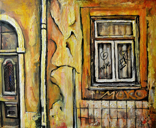 Lisbon vintage painting, Old town landscape, Portugal city view, Old Window in Lisbon, ORIGINAL ART PRINT, Portugal paintings, Alex Solodov